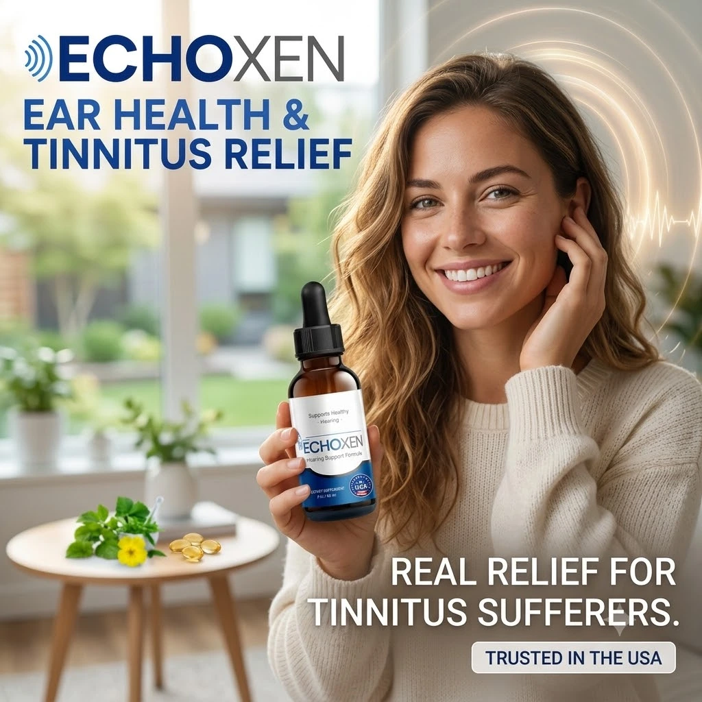 Woman holding an EchoXen hearing wellness supplement bottle at home